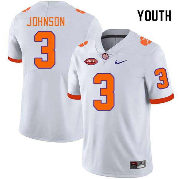 Youth Clemson Tigers Noble Johnson #3 College White NCAA Authentic Football Stitched Jersey 23KA30LR